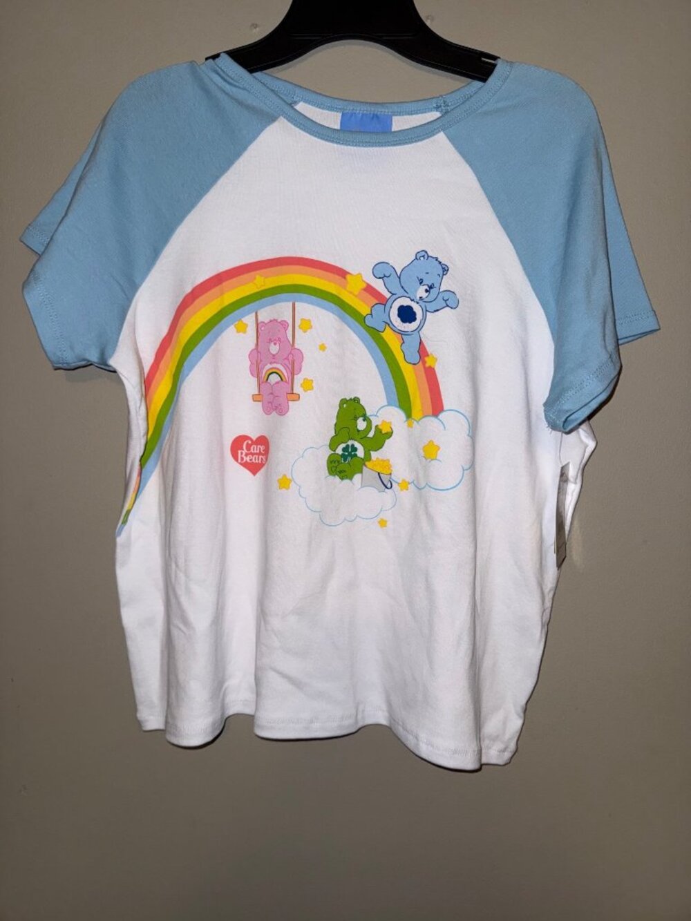 Care Bears XL Raglan T-Shirt With Rainbow & Bears Graphic White & Blue Short Sle